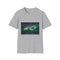 Charcoal cotton crew neck t-shirt featuring vibrant aurora borealis design