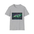 Charcoal cotton crew neck t-shirt featuring vibrant aurora borealis design