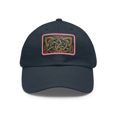 Celtic knot design white hat with light brown patch.