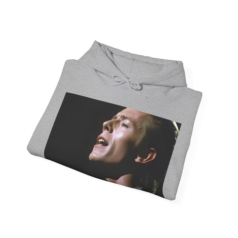 Vibrant navy Ziggy Stardust Live Hoodie with Bowie in iconic lightning bolt makeup.