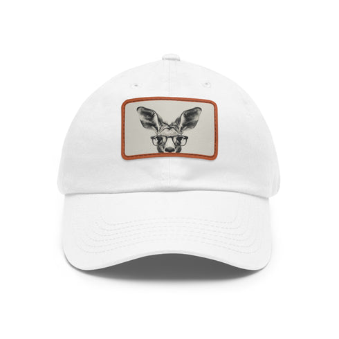 White hipster cap with kangaroo in glasses patch, rectangle shape.