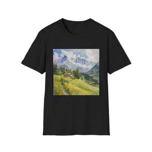 Watercolor Swiss Alps cotton t-shirt in charcoal small with serene mountain design