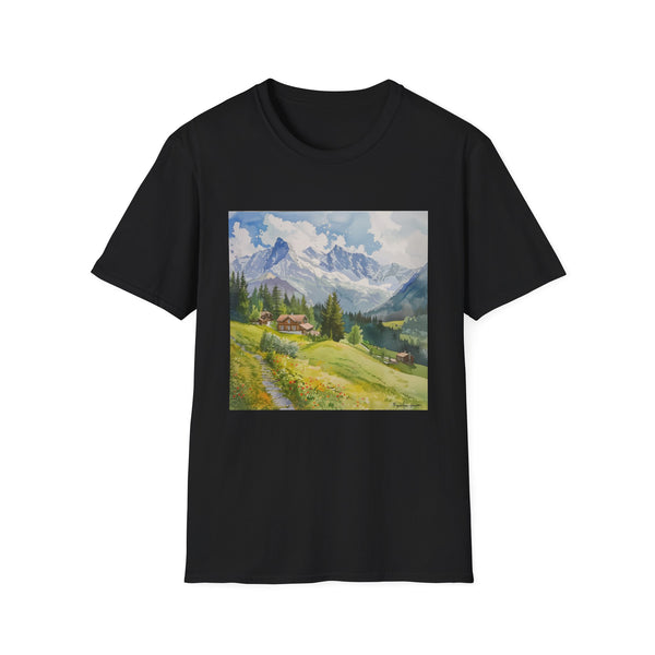 Watercolor Swiss Alps cotton t-shirt in charcoal small with serene mountain design