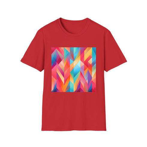 Geometric charcoal t-shirt with vibrant abstract patterns radiates summer energy