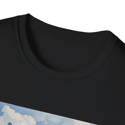 Watercolor Swiss Alps charcoal T-shirt featuring serene mountain design in cotton fabric