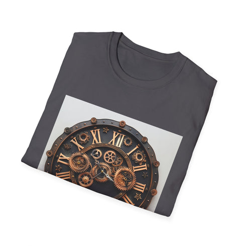 Steampunk charcoal cotton t-shirt featuring intricate clockwork gear design