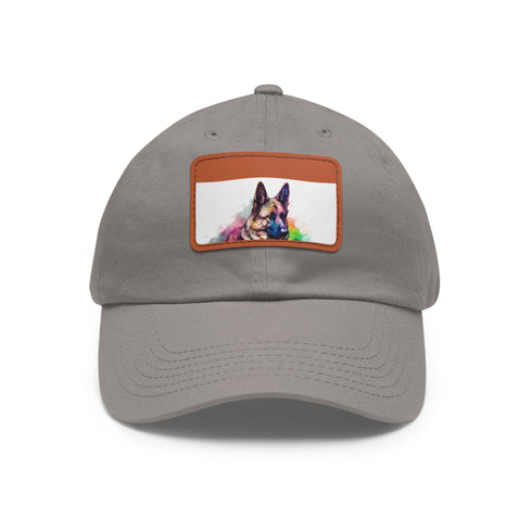 German Shepherd baseball cap with cute pup design on light brown patch.