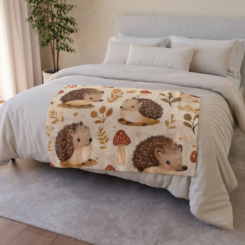 Woodland Hedgehogs & Toadstool Mushrooms Plush Fleece Throw Blanket - View 6 | Prints With Passion