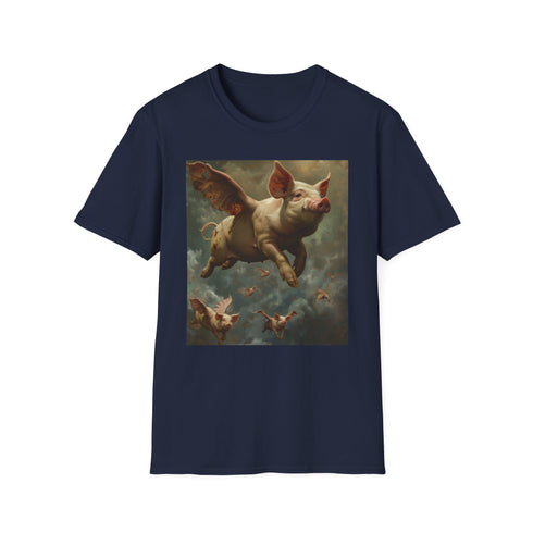 Surreal Flight Flying Pigs T-Shirt in Charcoal Cotton.