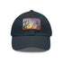 Eiffel Tower watercolor baseball cap in white with light brown patch.