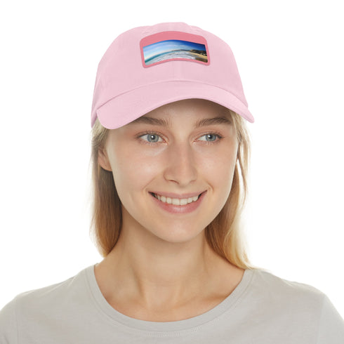 White Malibu Dreamin Baseball Cap with light brown patch and beach image.