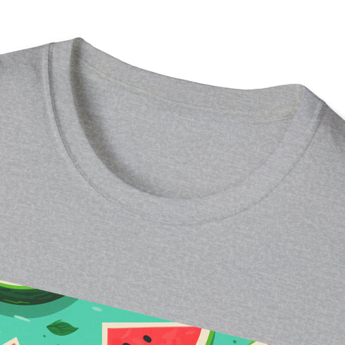 Charcoal tropical T-shirt with vibrant watermelon and floral pattern summer vibes