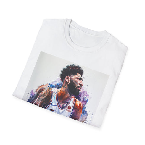 Charcoal cotton t-shirt with watercolor Anthony Davis portrait and unibrow design