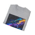 Charcoal cotton T-shirt with vibrant neon galaxy print and crew neck