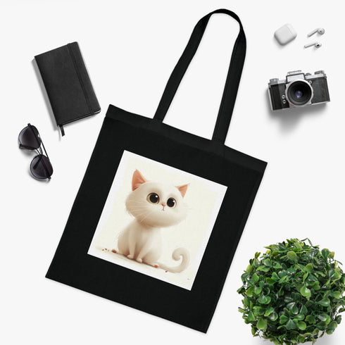 Playful cartoon black cotton tote with cat design - purrfect accessory!