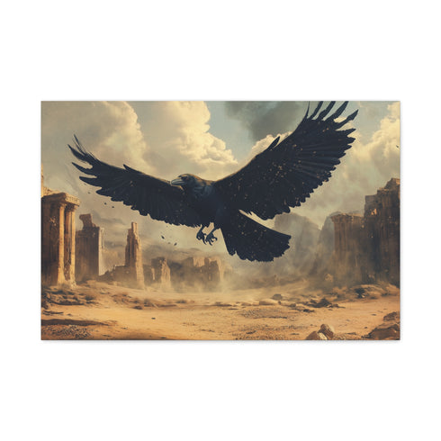 Giant Raven Flying over Desert Ruins Stretched Canvas Wall Art
