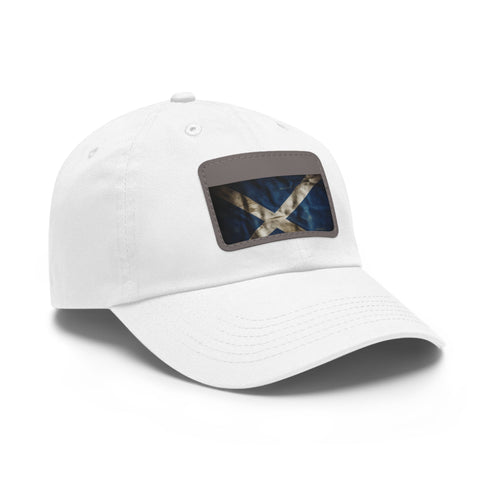 Scottish flag white baseball cap with light brown patch.