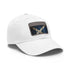 Scottish flag white baseball cap with light brown patch.