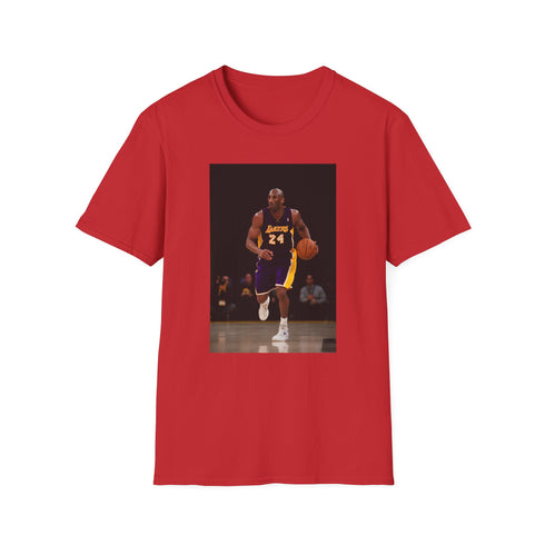 Charcoal cotton T-shirt featuring Kobe Bryant artistic design in purple and gold