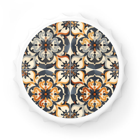 White ceramic tile bottle opener with intricate tile-inspired pattern.