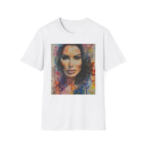 Watercolor Kim Kardashian crew neck charcoal t-shirt with vibrant summer colors