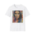Watercolor Kim Kardashian crew neck charcoal t-shirt with vibrant summer colors
