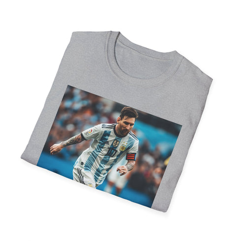 Cotton charcoal tee with vibrant Messi-inspired watercolor stripes