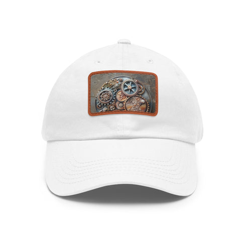 Steampunk baseball cap with white and light brown gear patch.