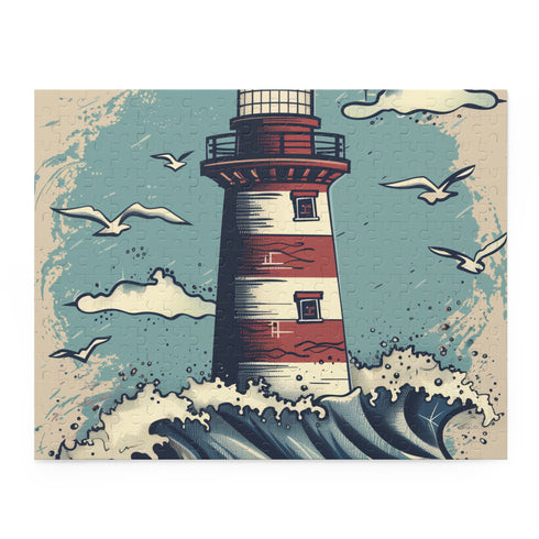Relaxing Lighthouse Waves Jigsaw Puzzle - Hand-drawn design of serene lighthouse amidst crashing waves, perfect for unwinding