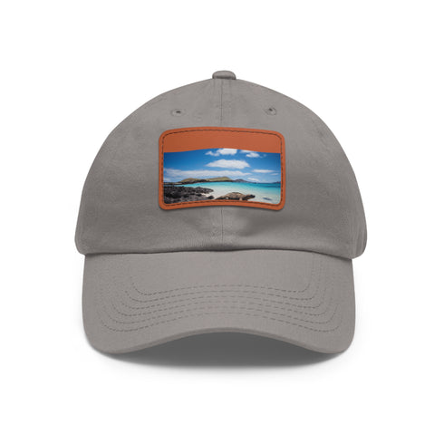 Stylish Galapagos Explorer baseball cap in white with light brown patch.