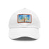 Watercolor Empire State skyline baseball cap in white with light brown patch.