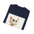 Cute charcoal cat t-shirt with playful cartoon design and expressive eyes.
