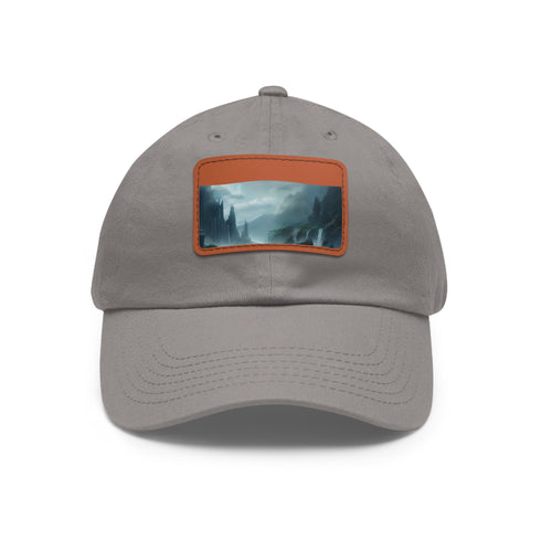 White hat with light brown patch, featuring mystic horizon landscape design.