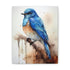 Blue bird perched on tree branch against serene sky canvas art.