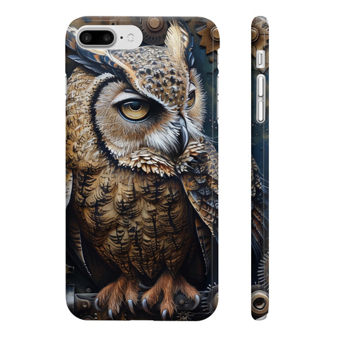 Steampunk owl phone case, glossy finish, slim design for iPhone Plus.
