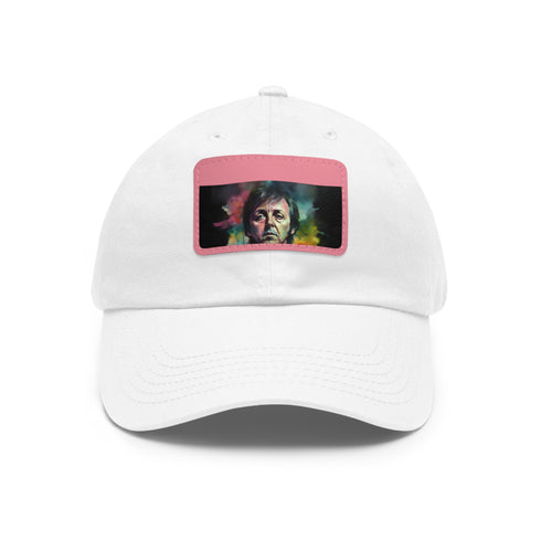 Neon watercolor Paul McCartney baseball cap in white with light brown patch.