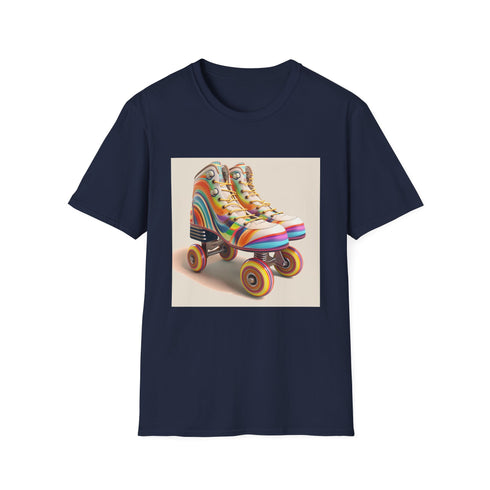Retro Roller Skate Charcoal T-Shirt with Colorful Stripes.