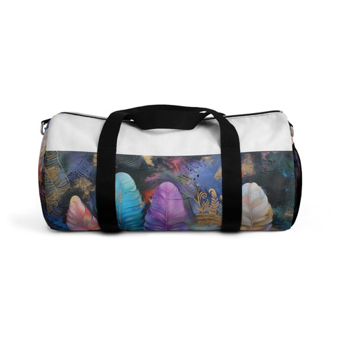 Bohemian feather duffel bag for free-spirited style lovers.