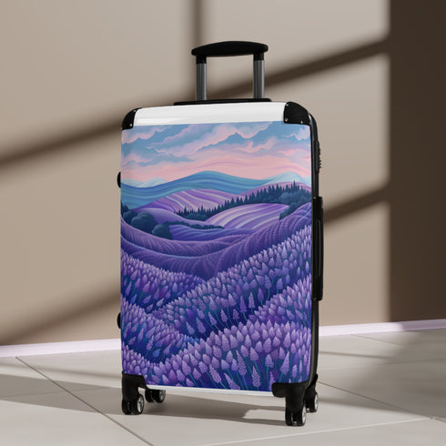 Small black Lavender Fields suitcase with lush lavender flower pattern.
