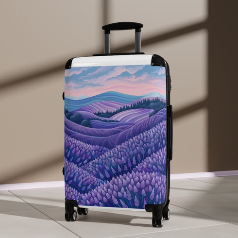 Chic black suitcase with lavender fields pattern design.