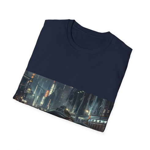 Charcoal cotton tee with Batmobile graphic in Gotham City design
