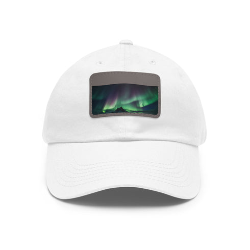 Northern lights glow baseball cap in white with light brown patch.
