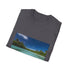 Charcoal cotton crew neck T-shirt with lagoon-inspired tropical print