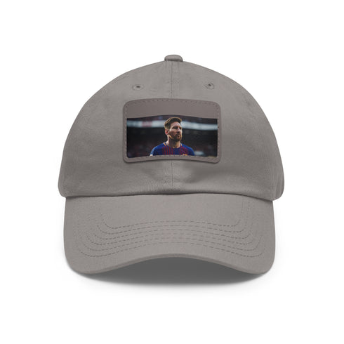 White baseball cap with Lionel Messi logo embroidered in light brown.