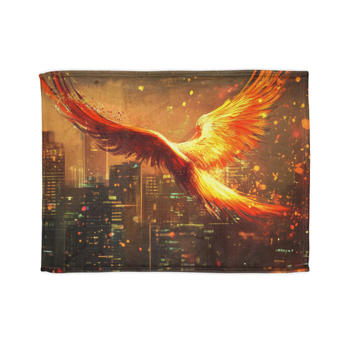 Digital Phoenix in Urban Skyline Plush Fleece Throw Blanket