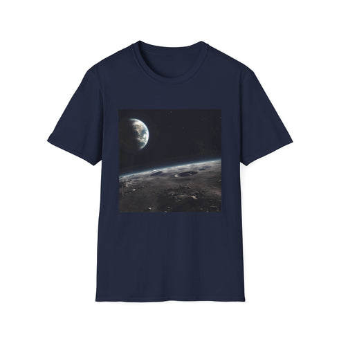Charcoal crew neck T-shirt featuring watercolor Earth from space design