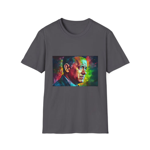 Neon Tom Hanks graphic on charcoal cotton crew neck T-shirt