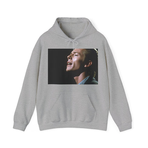 Vibrant navy hoodie featuring David Bowie as Ziggy Stardust on stage.