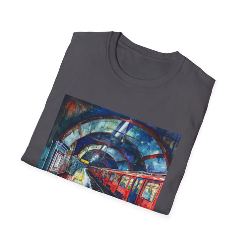 Charcoal watercolor London Underground T-shirt showcasing Tube stations on soft cotton fabric