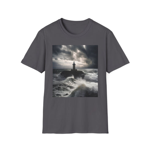 Charcoal cotton T-shirt featuring powerful lighthouse with ocean wave design